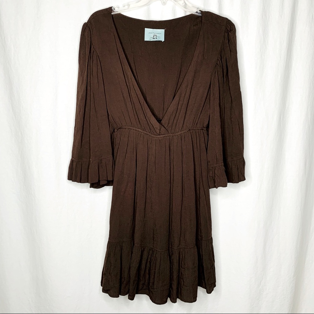 JUDITH MARCH Boho Dress - BROWN BOHO RUFFLE BELL SLEEVE DEEP V NECK DRESS M